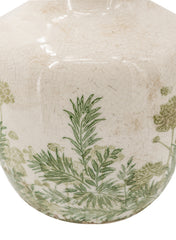 6.9x6.9x10" White Ceramic Vase With Green Floral Motif