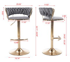 Set of 2 Bar Stools,with Chrome Footrest and Base Swivel Height Adjustable Mechanical Lifting Velvet + Golden Leg Simple Bar Stool-Gray