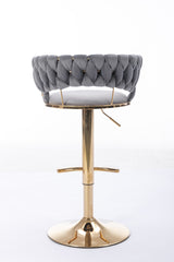 Set of 2 Bar Stools,with Chrome Footrest and Base Swivel Height Adjustable Mechanical Lifting Velvet + Golden Leg Simple Bar Stool-Gray