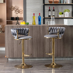 Set of 2 Bar Stools,with Chrome Footrest and Base Swivel Height Adjustable Mechanical Lifting Velvet + Golden Leg Simple Bar Stool-Gray