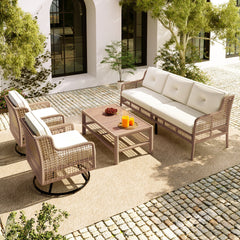 <Old SKU: N704G201247A> 4 Pieces Patio Furniture Set with Swivel Chairs, Outdoor Wicker Sofas for 5-person, Sectional Rattan Outdoor Conversation Set for Poolside Backyard Deck, Beige