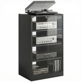 HOMCOM Media Cabinet, 4-Tier Stereo Cabinet for Vinyl Record Player, Gaming Console, AV Record Player Stand with Adjustable Shelves, Push-to-Open Glass Doors and Cable Management, Distressed Black