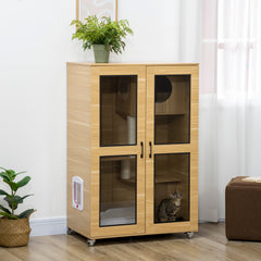 PawHut Luxury Cat House with Wheels, Kitty Cage Catio Villa for Indoor Cats with Scratching Posts, Condo, Flap Door, Cushion, Oak, 31.5" x 20" x 48.5"