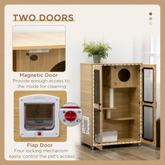 PawHut Luxury Cat House with Wheels, Kitty Cage Catio Villa for Indoor Cats with Scratching Posts, Condo, Flap Door, Cushion, Oak, 31.5" x 20" x 48.5"
