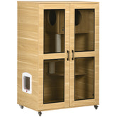 PawHut Luxury Cat House with Wheels, Kitty Cage Catio Villa for Indoor Cats with Scratching Posts, Condo, Flap Door, Cushion, Oak, 31.5" x 20" x 48.5"