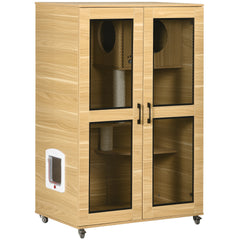 PawHut Luxury Cat House with Wheels, Kitty Cage Catio Villa for Indoor Cats with Scratching Posts, Condo, Flap Door, Cushion, Oak, 31.5" x 20" x 48.5"