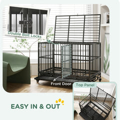 PawHut 48" Heavy Duty Dog Crate Metal Cage Kennel with Lockable Wheels, Double Door and Removable Tray, gray