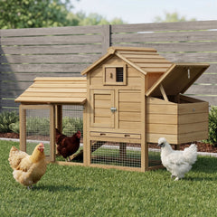 PawHut 59" Small Wooden Chicken coop Hen House Poultry Cage for Outdoor Backyard with 2 Doors, Nesting Box and Removable Tray, Natural Wood