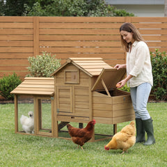 PawHut 59" Small Wooden Chicken coop Hen House Poultry Cage for Outdoor Backyard with 2 Doors, Nesting Box and Removable Tray, Natural Wood