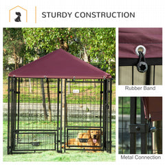 PawHut Outdoor Dog Kennel with Rotating Bowl Holders, Pet Playpen with Waterproof Cover, 4.6' x 4.6' x 5', Red
