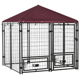 PawHut Outdoor Dog Kennel with Rotating Bowl Holders, Pet Playpen with Waterproof Cover, 4.6' x 4.6' x 5', Red