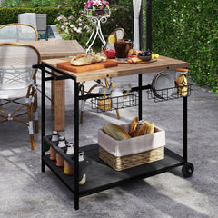 Outsunny Outdoor Bar Cart Patio Serving Cart with Wine Holders Natural