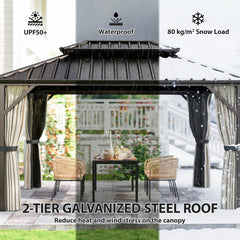 Outsunny 10' x 14' Hardtop Gazebo with Double Galvanized Steel Roof Canopy, Aluminum Frame Permanent Gazebo, Brown