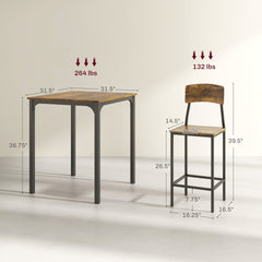 HOMCOM 3 Piece Pub Table and Chairs, Small Kitchen Table and Chairs, Square Dining Table with 2 Stools, Rustic Brown and Black