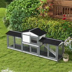 PawHut 90.5" Wooden Rabbit Hutch Bunny Cage Pet Playpen House Enclosure with Double Side Run Boxes, No Leak Tray, Ramp, for Rabbits, Chickens, Ducks, Guinea Pig and Small Animals, Light Gray