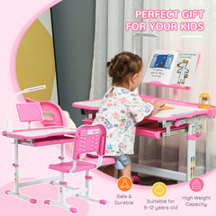Qaba Kids Desk and Chair Set with USB Light, Storage Drawer, Pink
