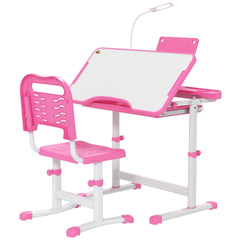 Qaba Kids Desk and Chair Set with USB Light, Storage Drawer, Pink
