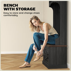 HOMCOM 3-in-1 Hall Tree with Shoe Storage, Coat Rack with Bench, Entryway Furniture with Five Hooks, Black Wood Grain