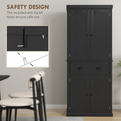 HOMCOM 72" Kitchen Pantry Storage Cabinet, Cupboard with 4 Doors and 3 Adjustable Shelves, Large Central Drawer, Black