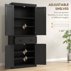 HOMCOM 72" Kitchen Pantry Storage Cabinet, Cupboard with 4 Doors and 3 Adjustable Shelves, Large Central Drawer, Black