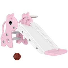 Qaba 3-in-1 Toddler Slide for Age 1-3, Freestanding Kids Slide with Climber, Basketball Hoop and Ball, Giraffe Design, Pink
