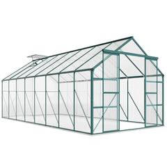 Outsunny 16' x 8' Aluminum Greenhouse Polycarbonate Walk-in Garden Greenhouse Kit with Adjustable Roof Vent, Rain Gutter and Sliding Door for Winter, Clear