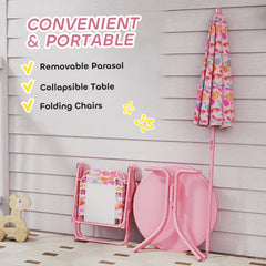 Qaba Kids Picnic Table and Chair Set, Outdoor Table with Foldable Chairs, Removable Umbrella, Pink