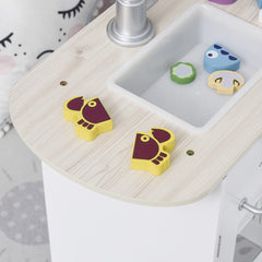 Qaba Corner Kids Kitchen Playset, Wooden Pretend Toy Kitchen Set with Drinking Fountain, Microwave, Fridge and Accessories, Pretend Play Kitchen for 3+ Years, White