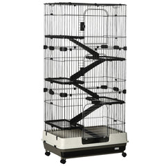 PawHut 32"L 6-Level Small Animal Cage Rabbit Hutch with Universal Lockable Wheels, Slide-out Tray for Bunny, Chinchillas, Ferret, Black