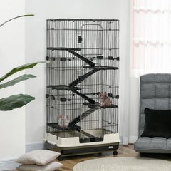 PawHut 32"L 6-Level Small Animal Cage Rabbit Hutch with Universal Lockable Wheels, Slide-out Tray for Bunny, Chinchillas, Ferret, Black