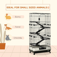 PawHut 32"L 6-Level Small Animal Cage Rabbit Hutch with Universal Lockable Wheels, Slide-out Tray for Bunny, Chinchillas, Ferret, Black