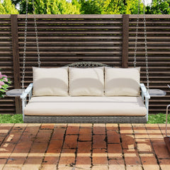 Outsunny 3 Person Wicker Hanging Outdoor Patio Porch Swing Bench with Cup Holders, Cushions, and Chains, Natural