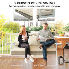 Outsunny 3 Person Wicker Hanging Outdoor Patio Porch Swing Bench with Cup Holders, Cushions, and Chains, Natural
