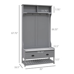 HOMCOM 3-in-1 Hall Tree, Entryway Bench with Coat Rack, Mudroom Bench with Shoe Rack, 2 Storage Drawers, 4 Hooks and Padded Seat Cushions for Hallway, Gray