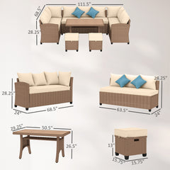 Outsunny 6 Piece Patio Furniture Set, PE Wicker Outdoor Furniture Conversation Set with 3 Sofas, 2 Ottomans and Slatted WPC Top Dining Table, All Weather Sectional Sofa Couch with Pillows, Khaki