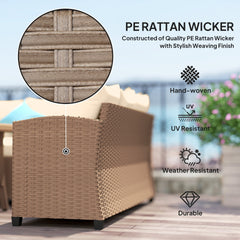 Outsunny 6 Piece Patio Furniture Set, PE Wicker Outdoor Furniture Conversation Set with 3 Sofas, 2 Ottomans and Slatted WPC Top Dining Table, All Weather Sectional Sofa Couch with Pillows, Khaki