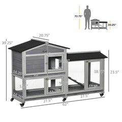 PawHut 62" Wooden Mobile Rabbit Hutch with Wheels, Run Box, Slide-out Tray, Ramp