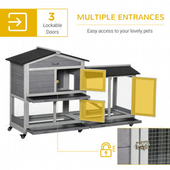 PawHut 62" Wooden Mobile Rabbit Hutch with Wheels, Run Box, Slide-out Tray, Ramp