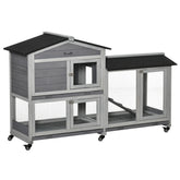 PawHut 62" Wooden Mobile Rabbit Hutch with Wheels, Run Box, Slide-out Tray, Ramp