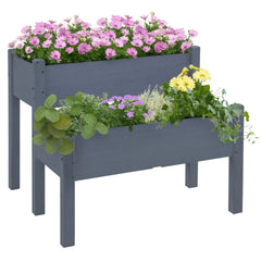 Outsunny 34"x34"x28" Raised Garden Bed 2-Tier Wooden Planter Box for Backyard, Patio to Grow Vegetables, Herbs and Flowers, Gray