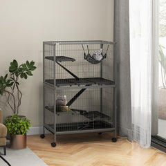 PawHut 50" H Rolling Small Animal Cage with Hammock, Ferret Cage, Chinchilla Cage, Pet Habitat with 4 Doors, Removable Tray
