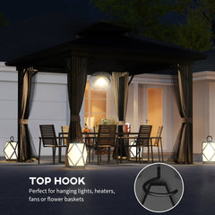 Outsunny 10' x 10' Hardtop Gazebo with Aluminum Frame, Metal Roof Gazebo Canopy w/ Hook, Curtains included, Dark Brown