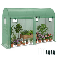 Outsunny 10' x 3' x 7' Walk-in Lean-to Greenhouse, Steel, 4 Zipper Roll-up Windows & 2 Doors, UV Protecting PE Cover for Growing Flowers, Vegetables, Tropical Plants, Saplings, Succulents, Green