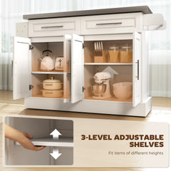 HOMCOM Rolling Kitchen Island Cart with 47" Stainless Steel Top, Portable Island Table for Kitchen with Wheels, Adjustable Shelves, 2 Drawers, Spice, Knife and Towel Rack, White
