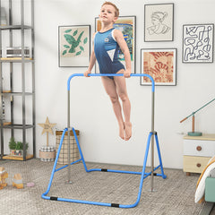 Qaba Folding Gymnastics Bar for Kids, Adjustable Height, Bubble Gum Blue