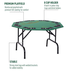 Soozier Poker Table Foldable, 47" Octagon Blackjack Poker Game Table for 8 Players with Cup Holders and Chips Tray, Green Felt