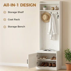 HOMCOM Narrow Hall Tree with Shoe Storage Bench, Rustic Entryway Bench with Coat Rack, Accent Coat Tree with Storage Shelves for Hallway, Mudroom, White Wood Grain