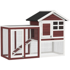 PawHut 49" Wooden Rabbit Hutch Bunny Cage with Waterproof Asphalt Roof, Fun Outdoor Run, Removable Tray and Ramp, for Rabbits, Chickens, Ducks, Brown