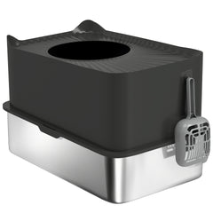 PawHut Extra Large Stainless Steel Litter Box, Enclosed Cat Litter Box with Scoop, Top Entrance, Non-slip Pads, Black