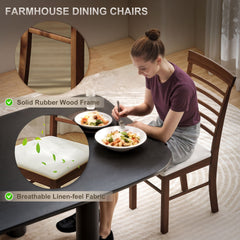 HOMCOM Wooden Dining Chairs Set of 2, Farmhouse Upholstered Kitchen Chairs with Rubber Wood Frame, Dark Brown and Beige